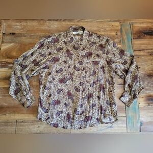 Vintage Anne Klein 10 Paisley Floral Brown Long Sleeve Silk Button Up Top Retro